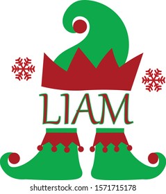 Text inscription with the name Liam. Elf hat, snowflakes, elf shoes.