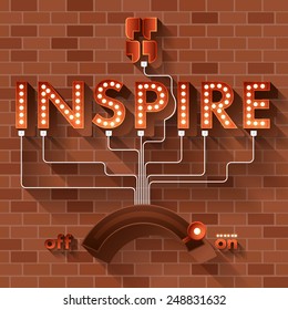 Text INSPIRE vector ball light on brick background.