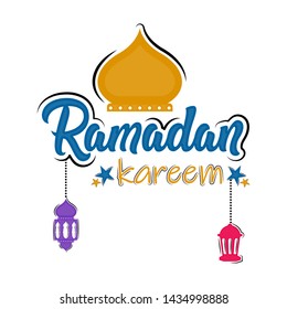 Text with an islamic mosque spiral building and lamps. Ramadan kareem - Vector