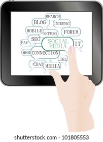 text keywords on social media themes. hands touch screen digital tablet pc
