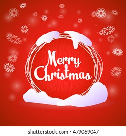 Text label Merry Christmas, round greeting card decoration, banner design template. Christmas lettering red winter background snow flakes bokeh lights. Vector design calligraphy. Season social media