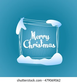 Text label Merry Christmas, square greeting card decoration, banner design template. Brush lettering blue winter background. Vector design calligraphy. Season social media Marry Christmas background