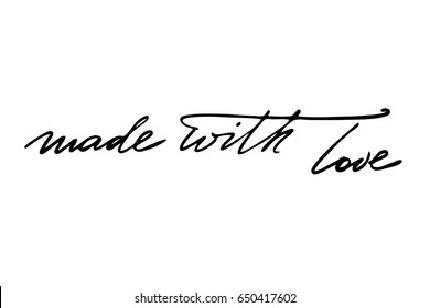 Text label phrase handwriting text Made with love. Handwritten black text isolated on white background, vector. Each word is on the separate layer