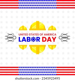 text labor day. yellow helmet, wrench, flag. white abstarck background and strars pattern. simple, flat concept. used for poster, banner, card, flyer, advert