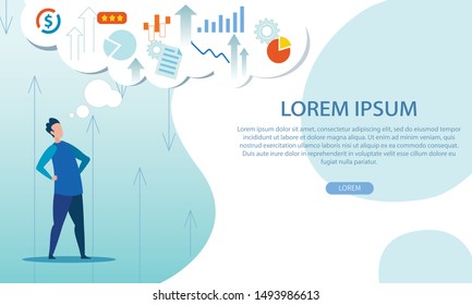 Text Landing Page Template with Brainstorming Man. Cartoon SMM Specialist, Businessman Standing and Analyzing Data, Thinking about New Strategy in Social Media Marketing. Vector Flat Illustration