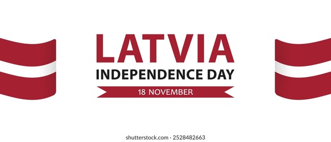 Texto Dia da Independência da Letônia, 18 de novembro e bandeiras letãs sobre fundo branco, design de banner web minimalista simples.