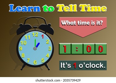 The text Learn to Tell Time, What time is it and the clock along with the number indicating 1 oclock.Learning time for Kindergarten and primary school .Illustrations for pamphlets, posters, stickers, 