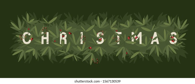 Text with leaves design, Merry christmas season decoration card invitation celebration and holiday theme Vector illustration