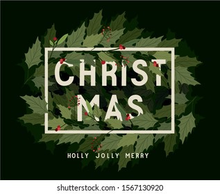 Text with leaves design, Merry christmas season decoration card invitation celebration and holiday theme Vector illustration