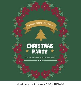 Text lettering of christmas party, with graphic plant of green leafy flower frame. Vector