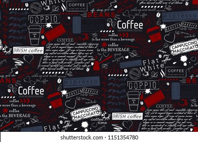 Text Lettering of Coffee and Cafe Terms Background. Seamless Vector Pattern and Texture