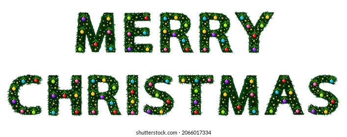 Text with letters from branches and festive balloons. Merry Christmas.