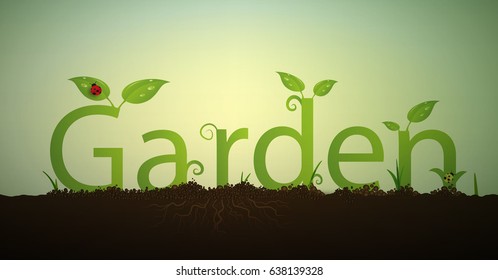 Text letters Garden and green spring sprout with roots and red ladybug in the soil, summer garden inscription,  vector