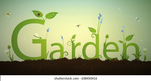 Text letters Garden and green spring sprout with roots and red ladybug in the soil, summer garden inscription,  vector