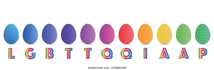 Cartas de texto LGBTTQIAAP. Huevos de Pascua seguidos. Huevos con manchas en colores arcoiris. Género y diversidad sexual concepto mínimo