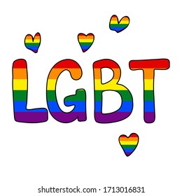 Text LGBT and hearts. Template design, vector illustration. Isolated love wins icon. LGBT logo symbol in rainbow flag colors. Gay pride background. Banner with grunge effect.
