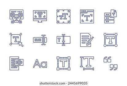 Text line icon set. Editable stroke. Vector illustration. Containing text box, editor, text to speech, text, font size, size, typography, quotation marks, edit.