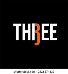 Text logo design "Three" with abstract number 3 on letter R.
