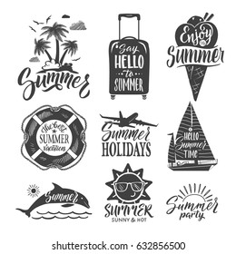 Text logo for summer party. Hand drown letters and design elements. Vector ilustrations set