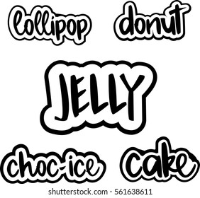 Text - ''lollipop, donut, jelly, choc-ice, cake'' Set of vector sweet-staff logos. Typography design elements, modern calligraphy collection for prints, cards, posters, products packaging, branding.