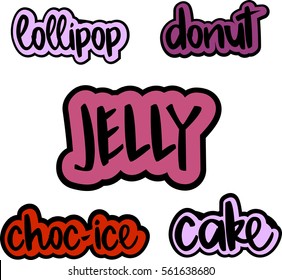 Text - ''lollipop, donut, jelly, choc-ice, cake'' Set of vector sweet-staff logos. Typography design elements, modern calligraphy collection for prints, cards, posters, products packaging, branding.