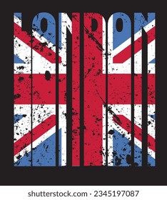 Text is London with flag of Great Britain . Print for t-shirt. Vector illustration.