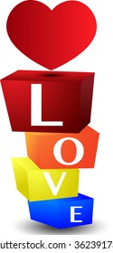 Text "LOVE" in the box. Valentines day red heart. Vector illustration