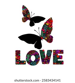 Text love butterflies and flowers. hand drawing. Not AI. Vector illustration.