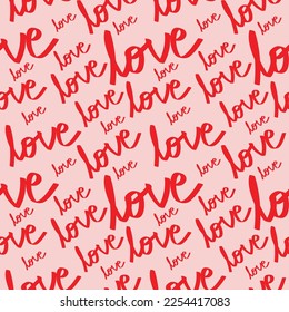 Text Love cute Nahtlose Muster, Liebesdesign auf rotem Hintergrund, Valentinstag Textur