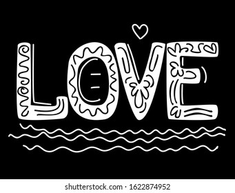 Text love in hand drawn style with decoration isolated on the black background
