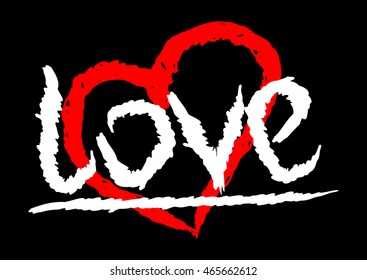 Text Love handwritten rough strokes. The symbol of the heart. Color template.
