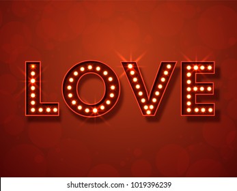 Text Love with marquee lights on red background.