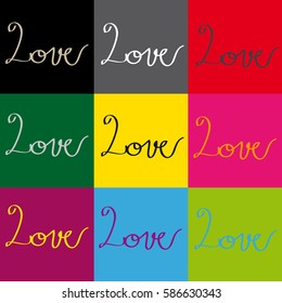 Text love on color background. Vector illustration.