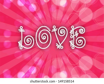 Text Love on pink rays background. 