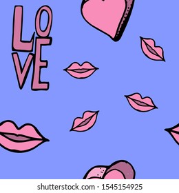  Text ,, love ", pink lips with hearts, seamless pattern. Hand-drawn. Festive background for postcards, packaging, paper. Vector illustration.