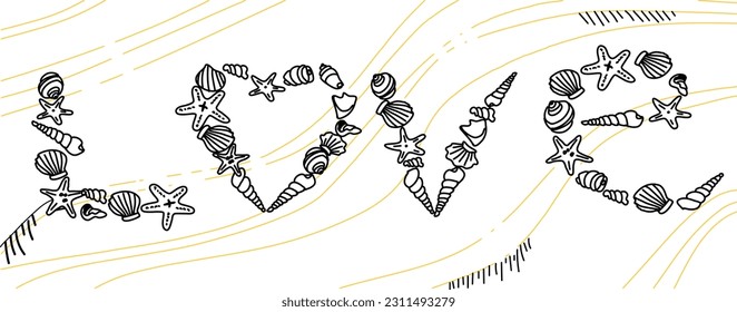 text Love ,vector abstract illustration , from the shells ,line art  