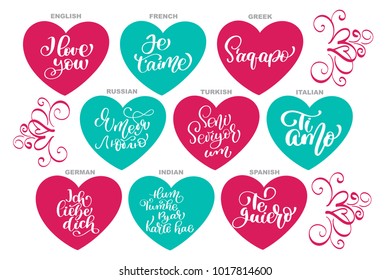 Text I love you in different languages of the world, Vector Valentines day cards templates. Hand drawn February 14 gift tags, labels or posters collection. Vintage love lettering background