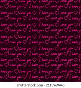 Text I love you, hand written words, pink hearts. Seamless pattern, sketch, doodle, lettering, happy valentines day. Vector illustration black background