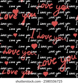 Text I love you, hand written words, pink hearts. Seamless pattern, sketch, doodle, lettering, happy valentines day. Vector illustration black background