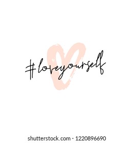 Text #loveyourself in black written over a hand drawn heart shape in pastel pink, isolated on white background. Inspirational square wall art, social media post, greeting card, t-shirt design.