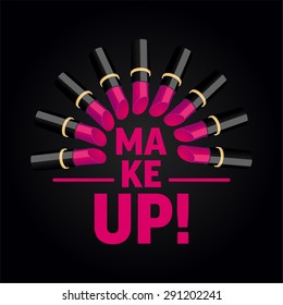 Text "make up" with lipstick on a black background. Vector illustrations