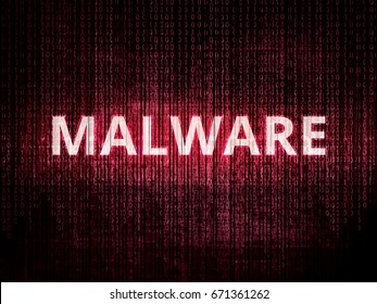 Text malware on background with binary encoding in red.  Concept of invasion of privacy, hacker attack, computer attack by virus, ransomware, malware or spyware.