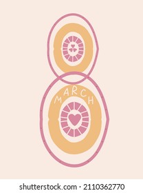 Сute text March 8 as decoration. Doodle vector stock illustration. Seasonal lettering in scandinavian nordic style, posters, postcard, greeting for holiday