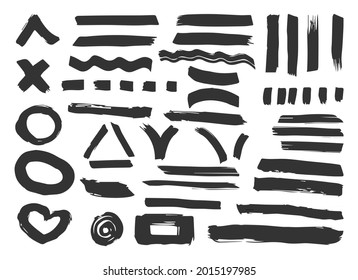 Las líneas del marcador de texto subrayan los trazos que se establecen aislados en el fondo blanco. Para resaltar texto y colorear detalles importantes. Rastreo de pincel dibujado a mano garrapatas negras, cruces, círculos, flechas, rayas.