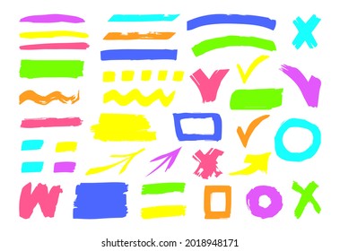 Text marker lines underline strokes set isolated on white background. For highlighting marking and coloring important details. Brush stroke hand drawn multicolor scrawls. Vector illustration