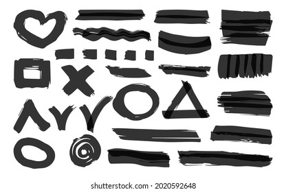 Textzeichen unterstreichen Markierungslinien, die einzeln auf weißem Hintergrund gesetzt sind. Für Text, in dem die Markierung und Färbung wichtiger Details hervorgehoben wird. Pinselstrich, handgezeichnet, schwarze Schrott überlappen sich mit Kreuzung