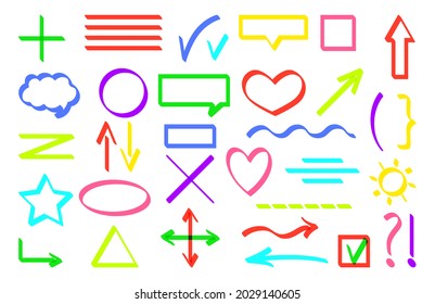Text marker lines underline strokes set isolated on white. For highlighting marking and coloring important details. Flat style multicolor scrawls. Check marks, underlines, arrows. Vector illustration