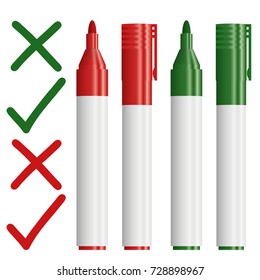 text markers colored green and red with cross and check mark