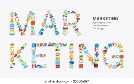 Text "MARKETING" Typography style with flat design element.