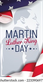 Text Martin Luther King Day on the vertical background of black man and usa flag